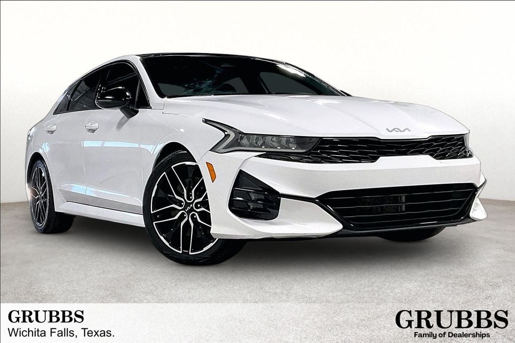 2022 Kia K5 GT in Glacial White Pearl — front three-quarter view