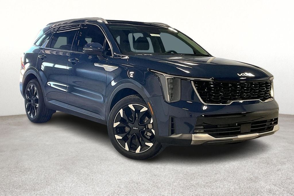 2025 Kia Sorento SX in Midnight Lake Blue — front three-quarter view