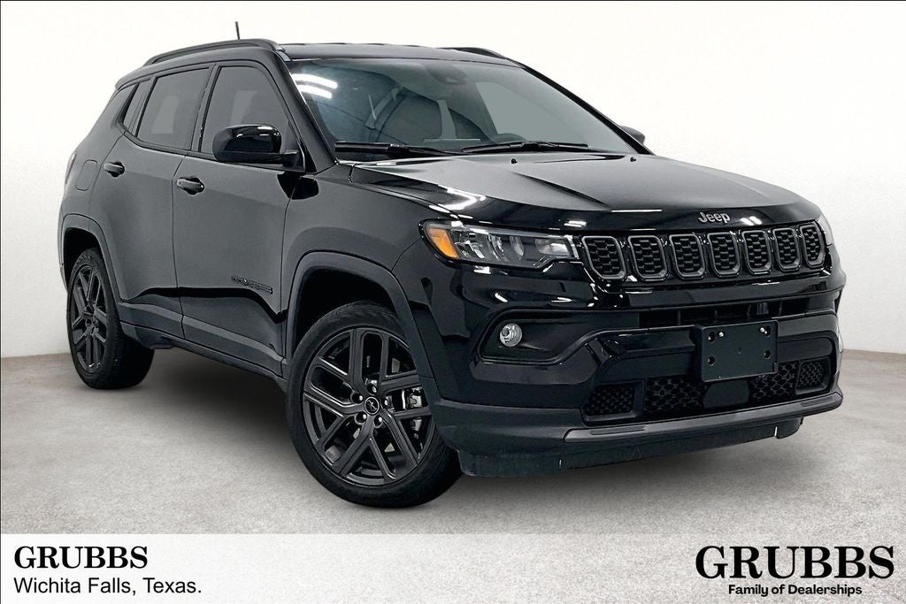 2026 Jeep Compass Latitude in Diamond Black Crystal Pearlcoat — front three-quarter view